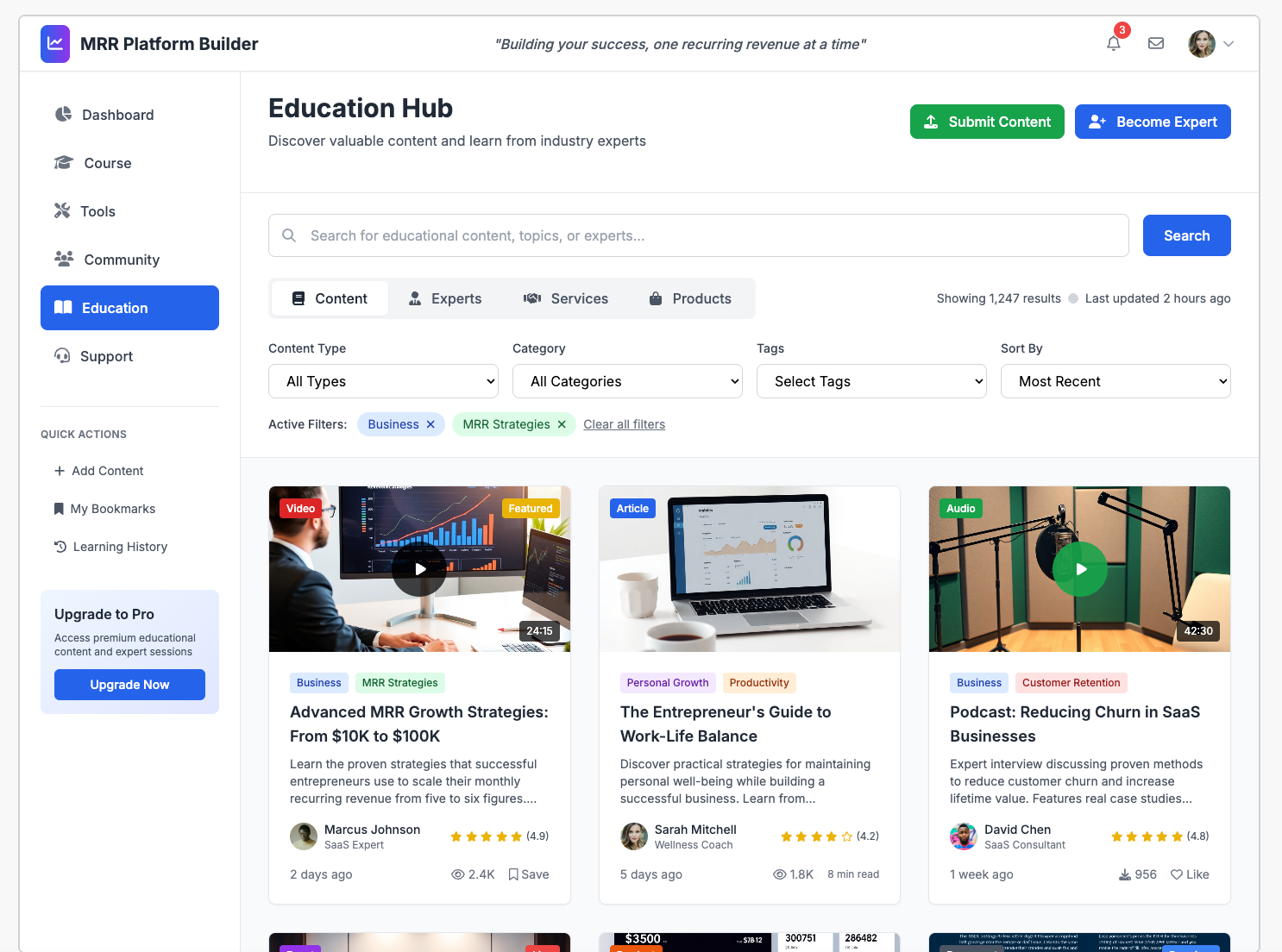 Education Hub Interface - Browse and filter educational content, expert sessions, and resources